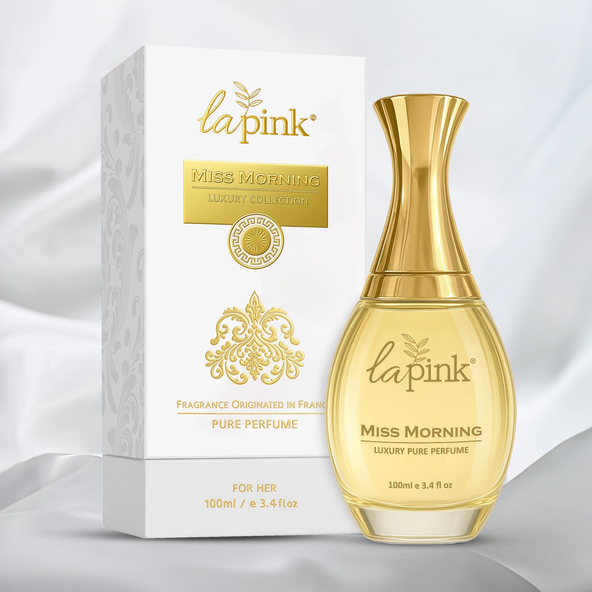 La Pink Miss Morning perfume bottle and packaging on a white background