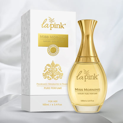 La Pink Miss Morning perfume bottle and packaging on a white background