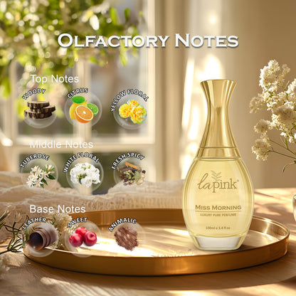 Lapink Miss Morning perfume bottle on a tray with olfactory notes displayed.