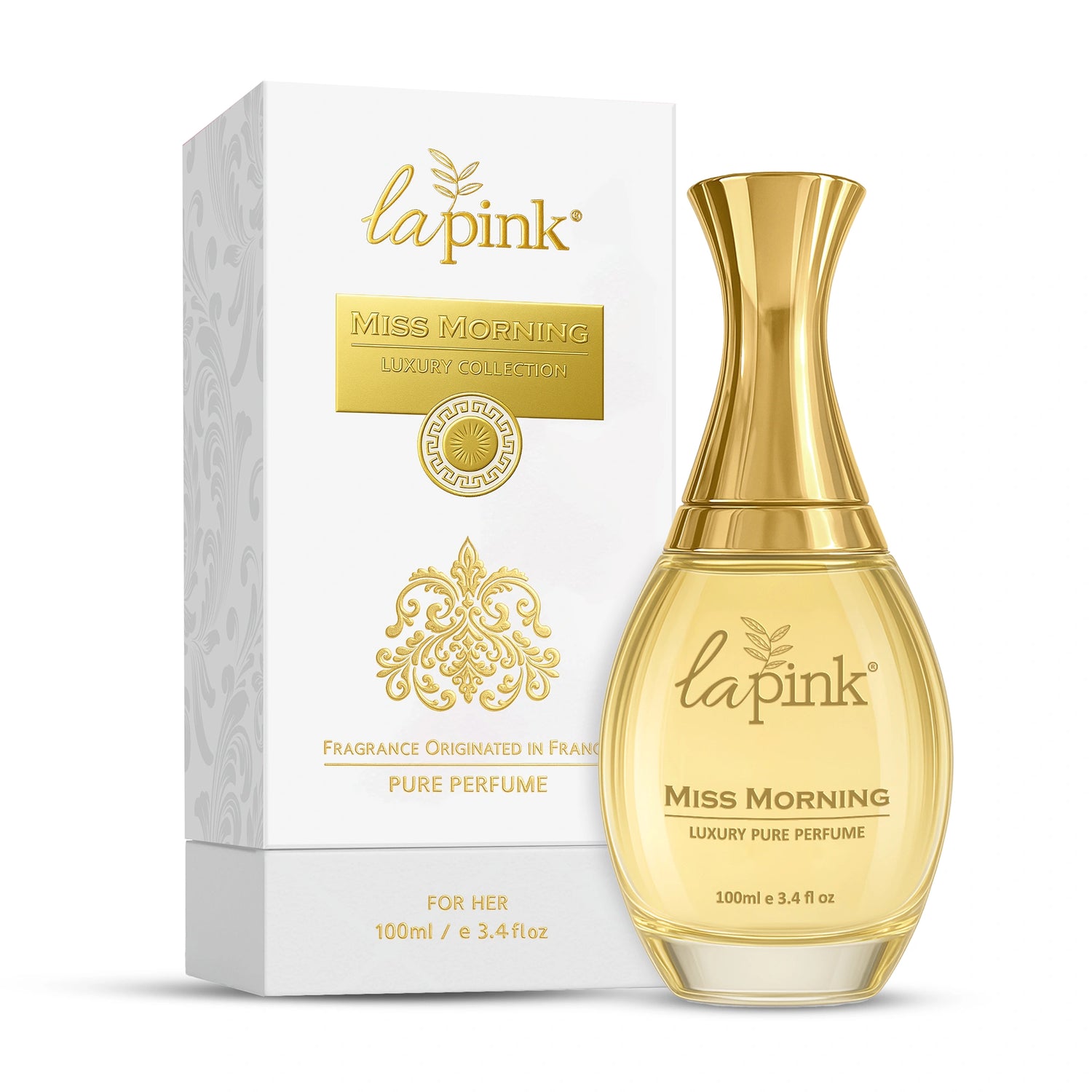 La Pink Miss Morning perfume bottle and packaging on a white background