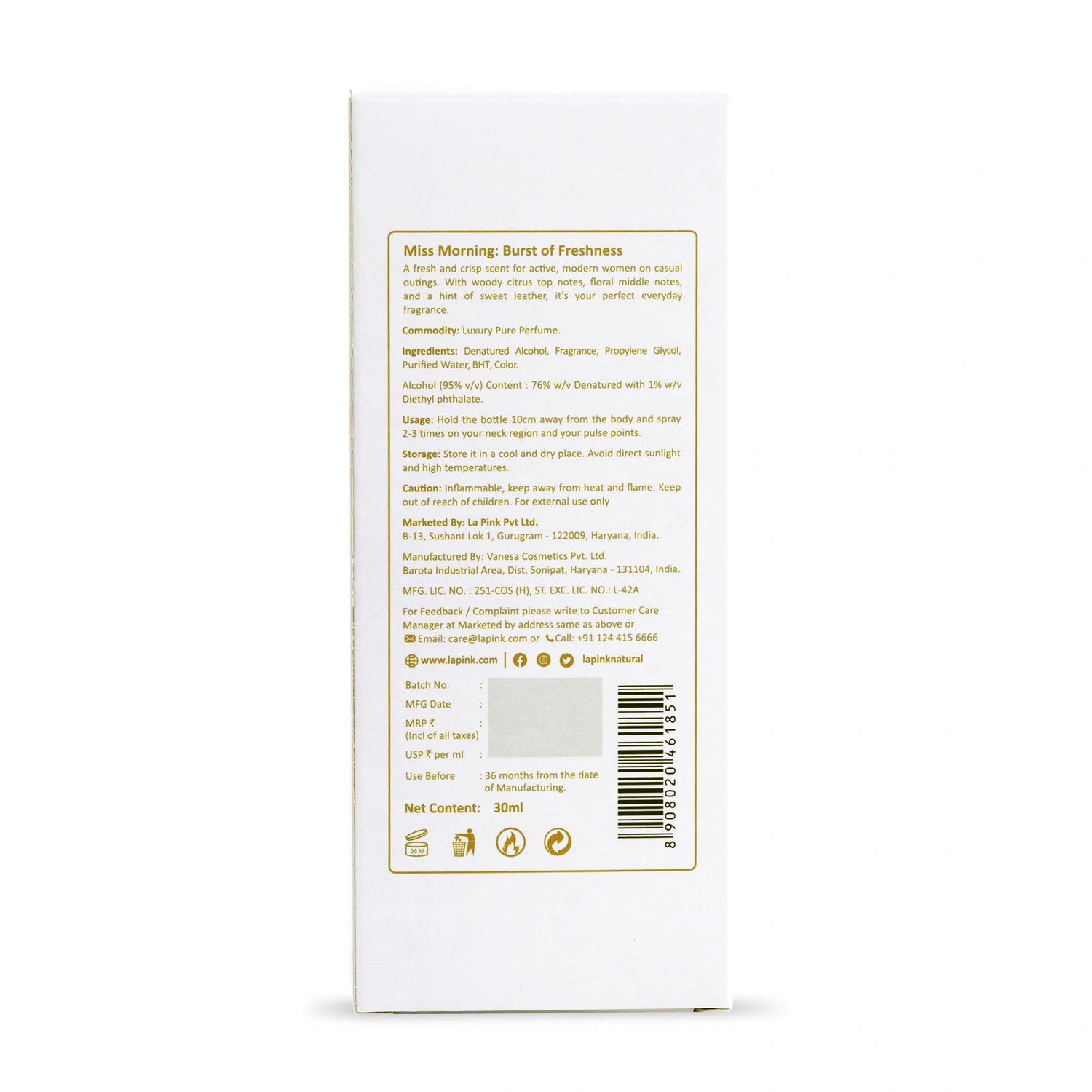 Back view of a white product packaging with text and a barcode on a white background