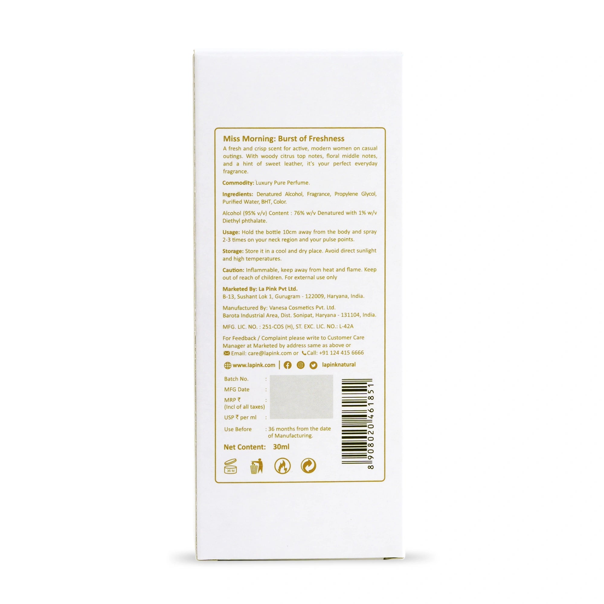 Back view of a white product packaging with text and a barcode on a white background