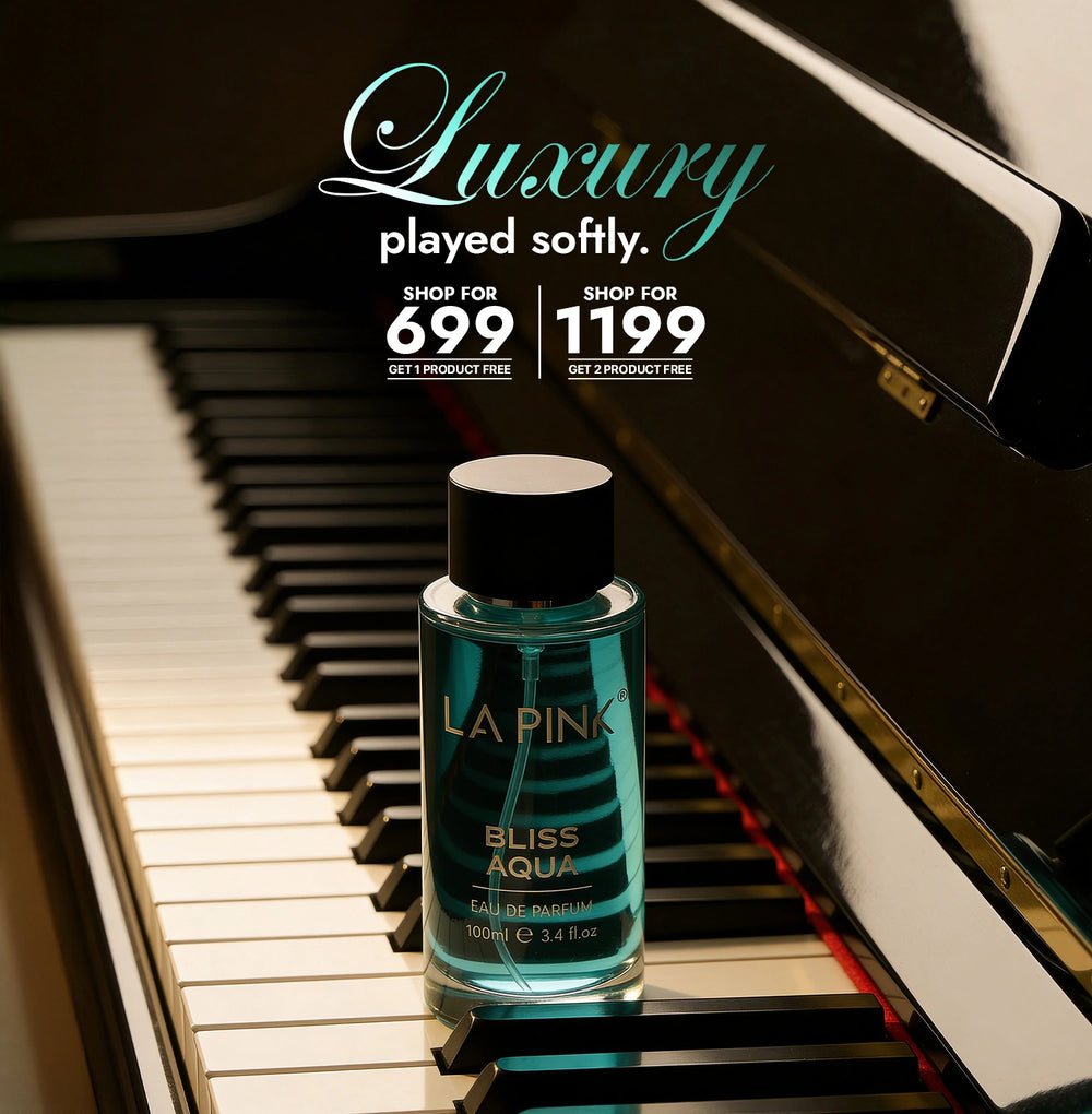 Perfume bottle on a piano with promotional text overlay