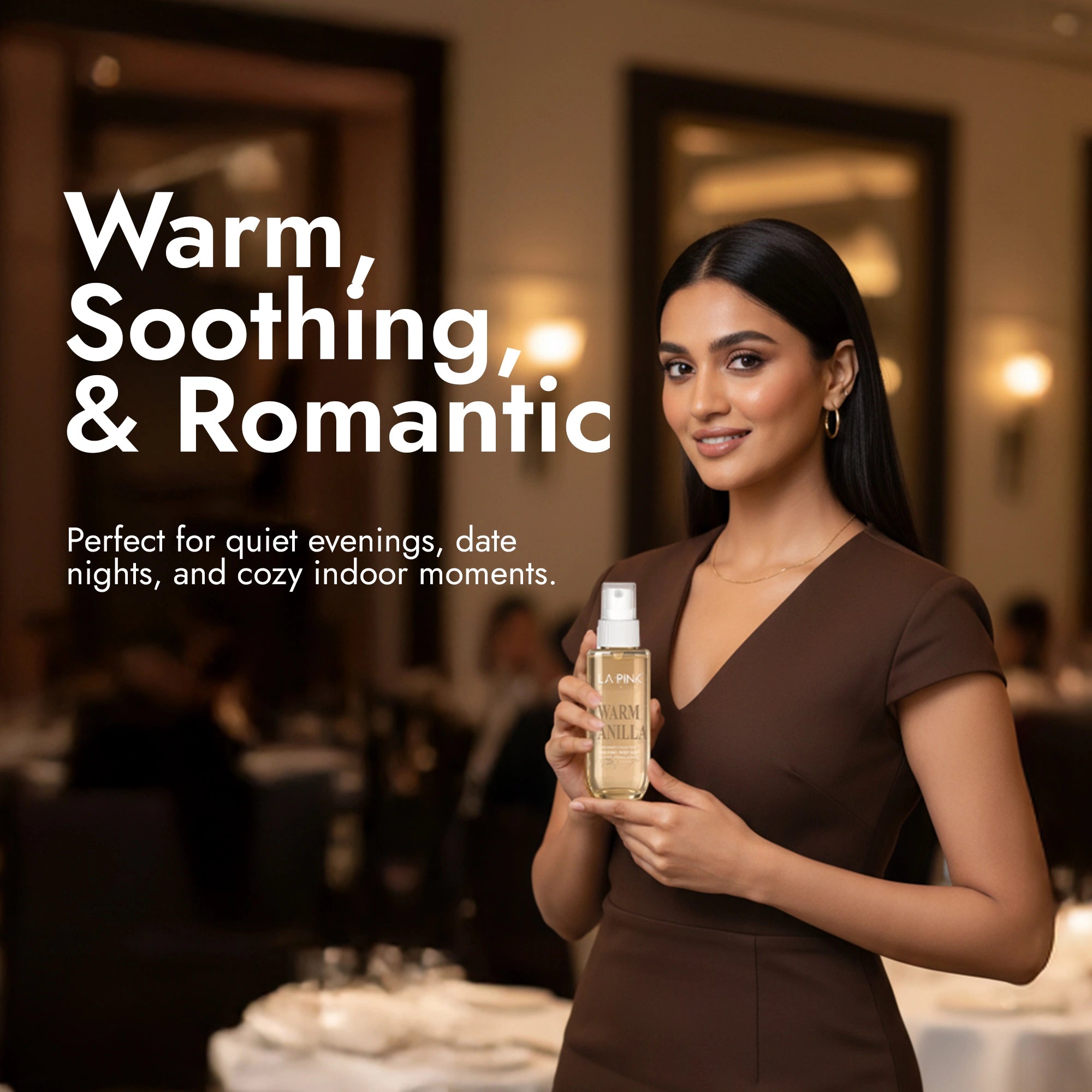 Woman holding a bottle of perfume with text &