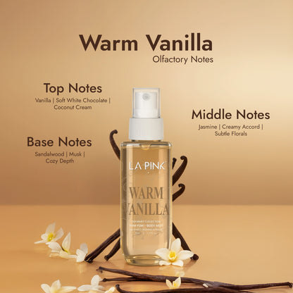 LA Pink Warm Vanilla product with vanilla beans and flowers on a beige background