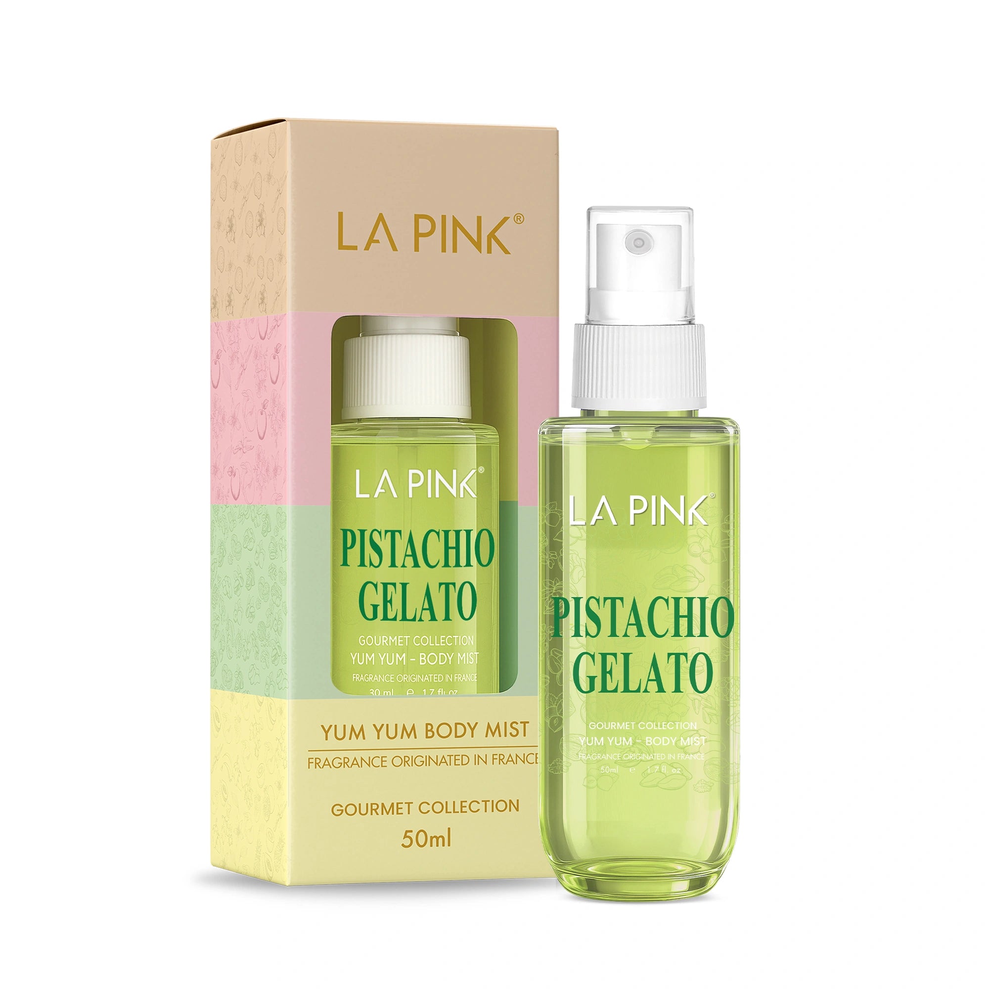 La Pink Pistachio Gelato body mist with packaging on a white background