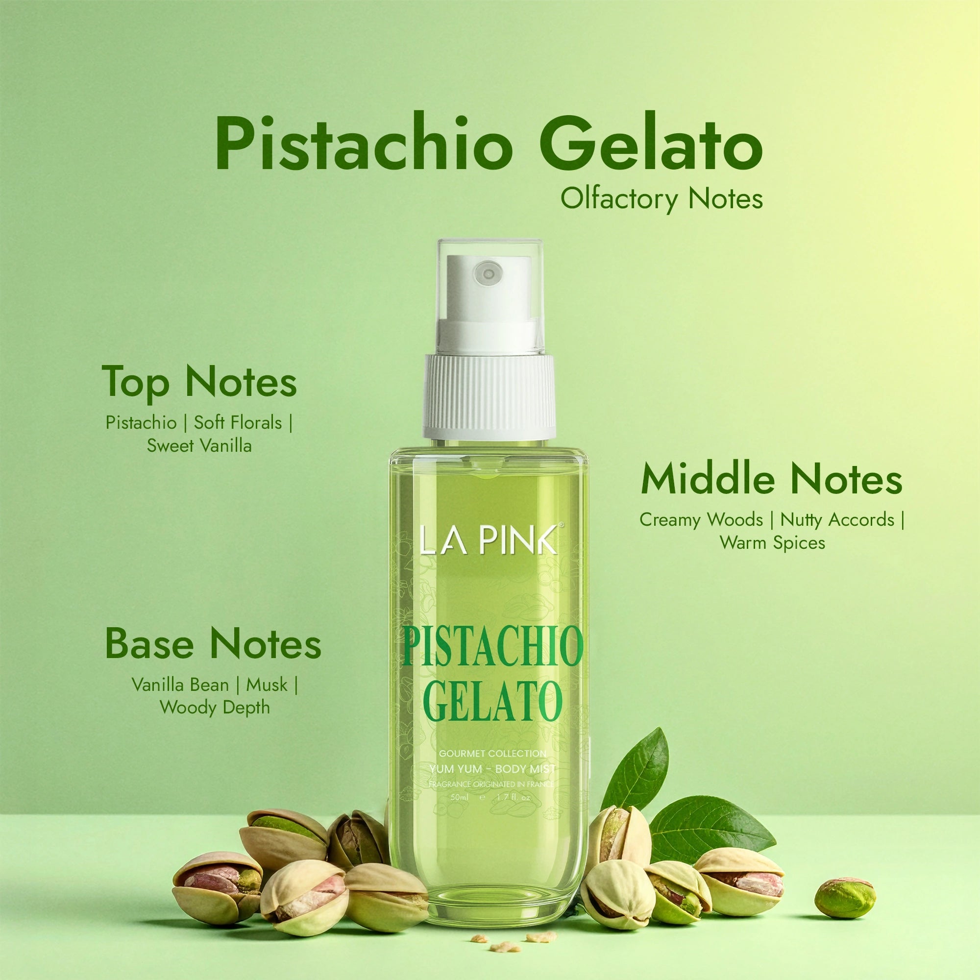 LA Pink Pistachio Gelato perfume bottle with product details on a green background