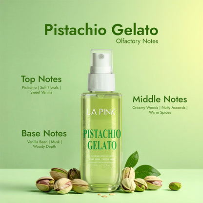 LA Pink Pistachio Gelato perfume bottle with product details on a green background