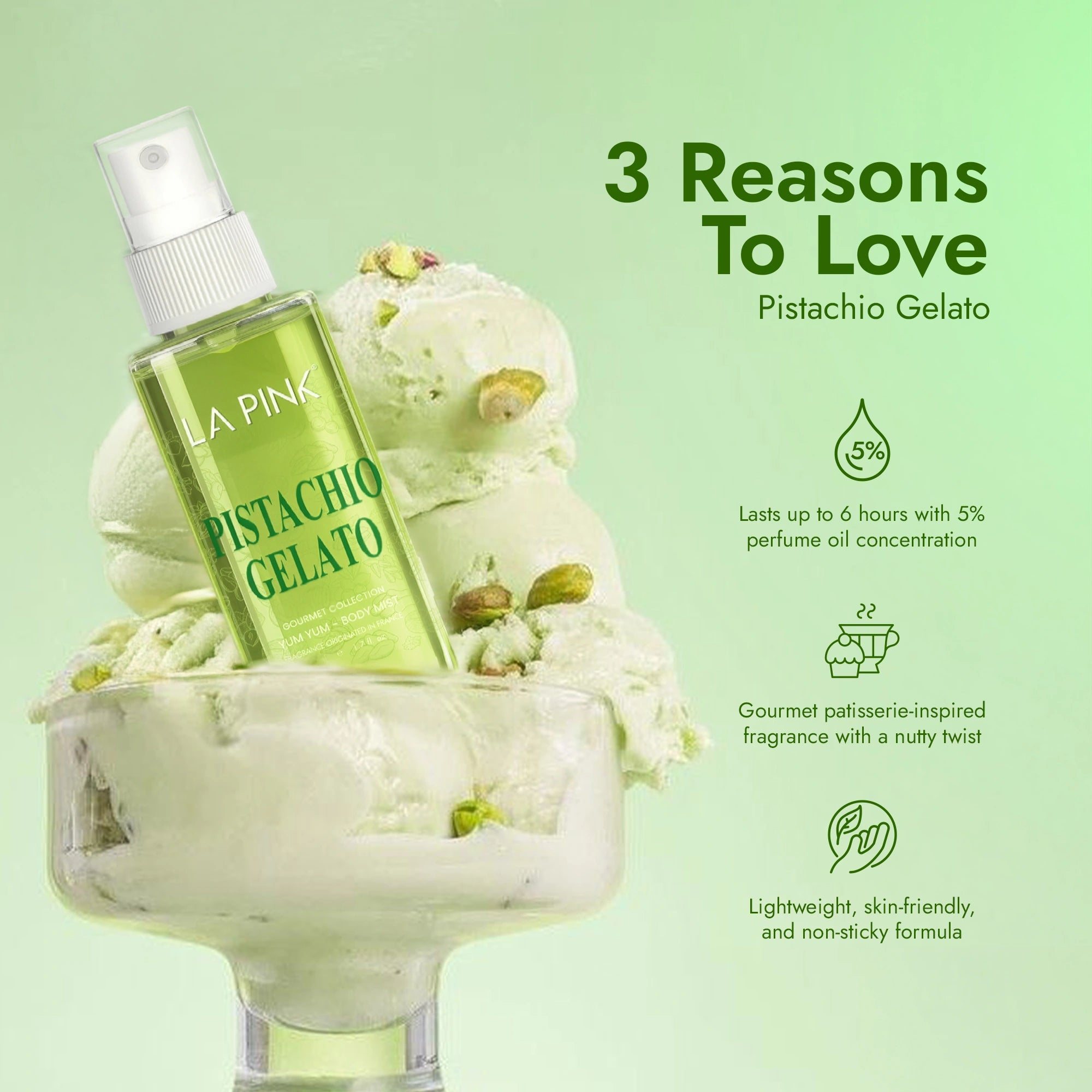 Pistachio gelato with a bottle of &