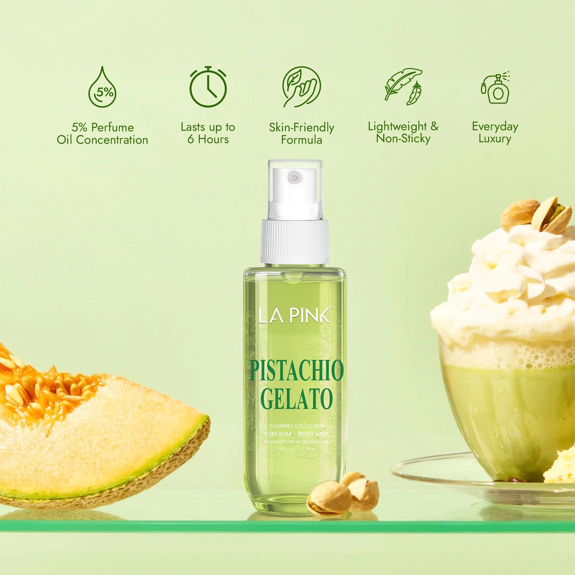 Bottle of LA Pink Pistachio Gelato perfume with pistachio and gelato elements on a light green background