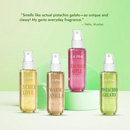 Four bottles of LA Pink fragrances on a green background with product names and customer review.