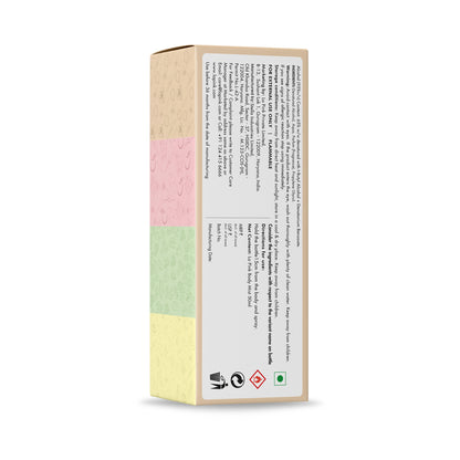 Product packaging with pastel color blocks and text on a white background