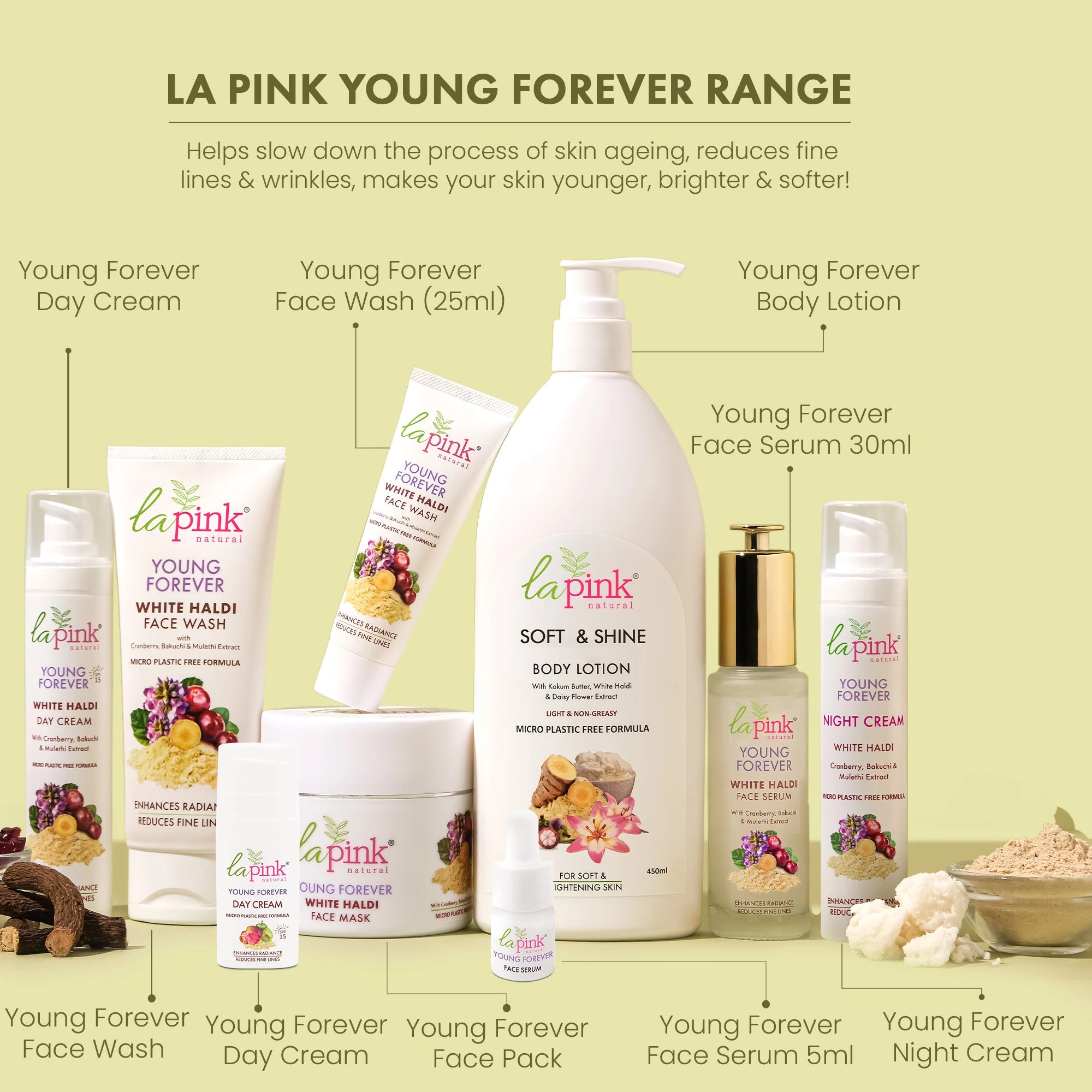 Collection of La Pink Young Forever skincare products on a light green background.