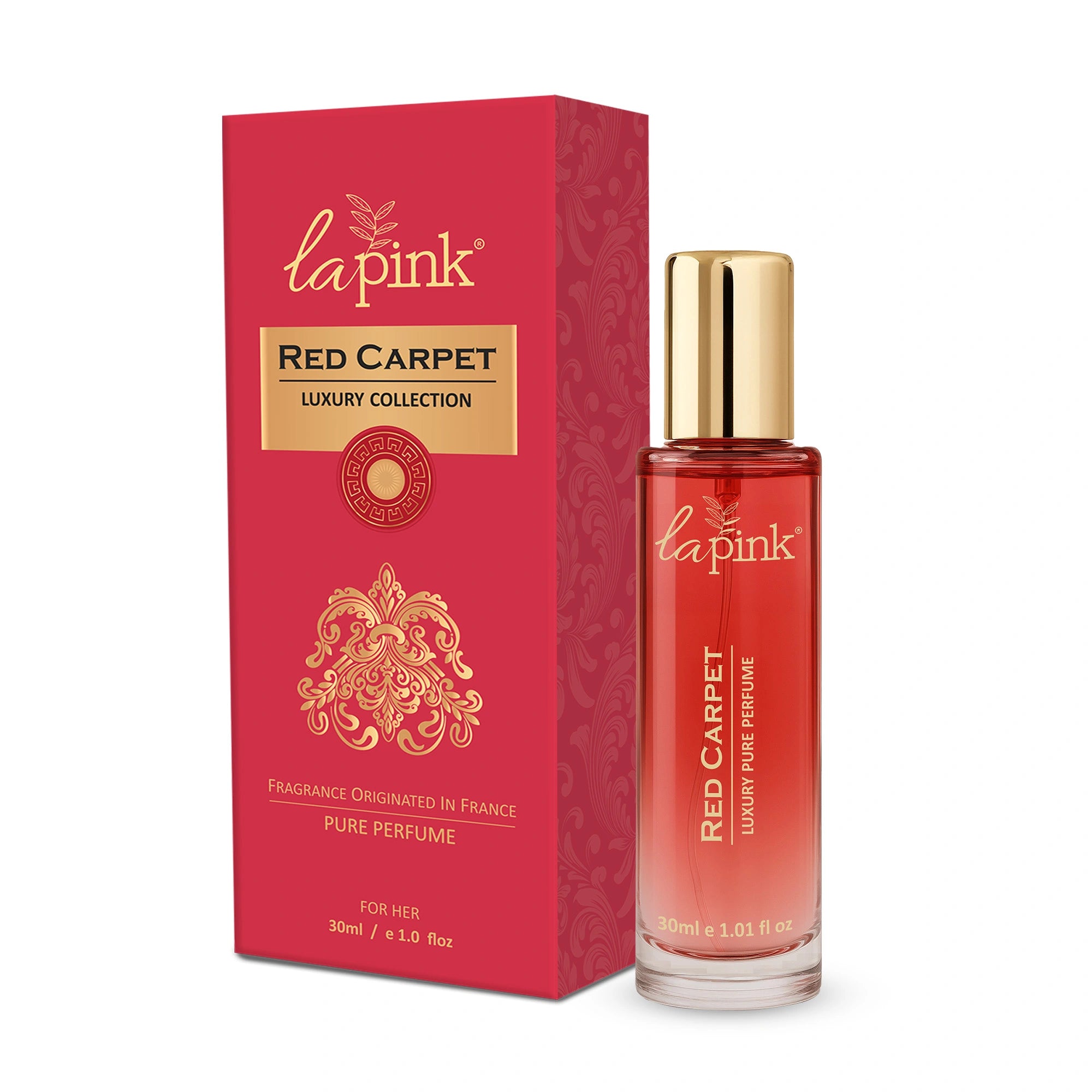 La Pink Red Carpet perfume bottle and packaging on a white background