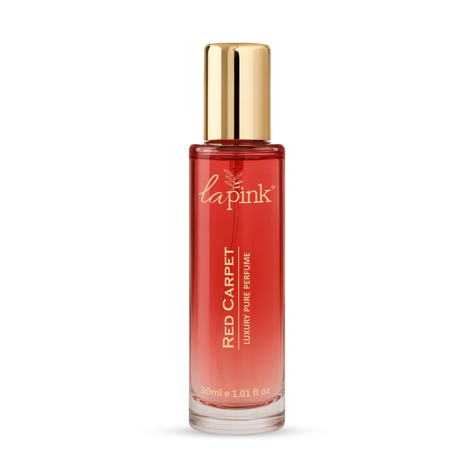 Red perfume bottle with gold cap on a white background