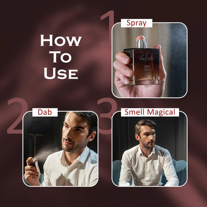 Instructions on how to use a perfume spray with a man applying it and text indicating &