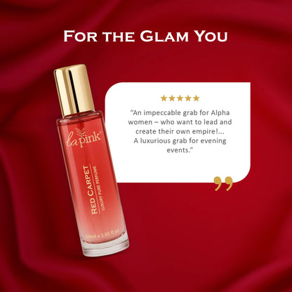 LaPink Red Carpet luxury pure balm on a red background with product description text.