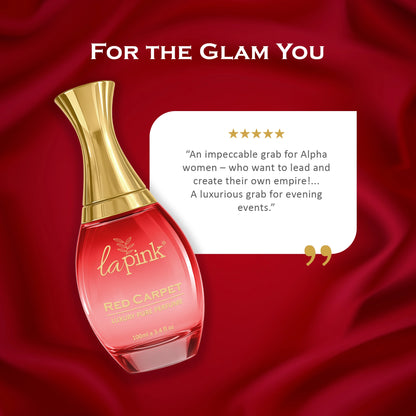 Red bottle of lapink Red Carpet with gold cap on red fabric background