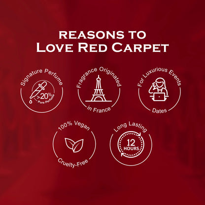 Red carpet-themed product with icons and text on a red background