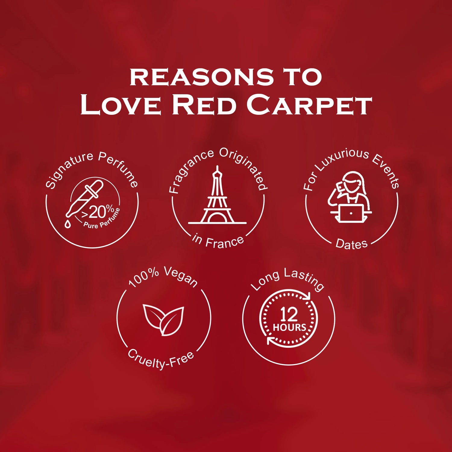 Red carpet-themed promotional graphic with icons and text on a red background