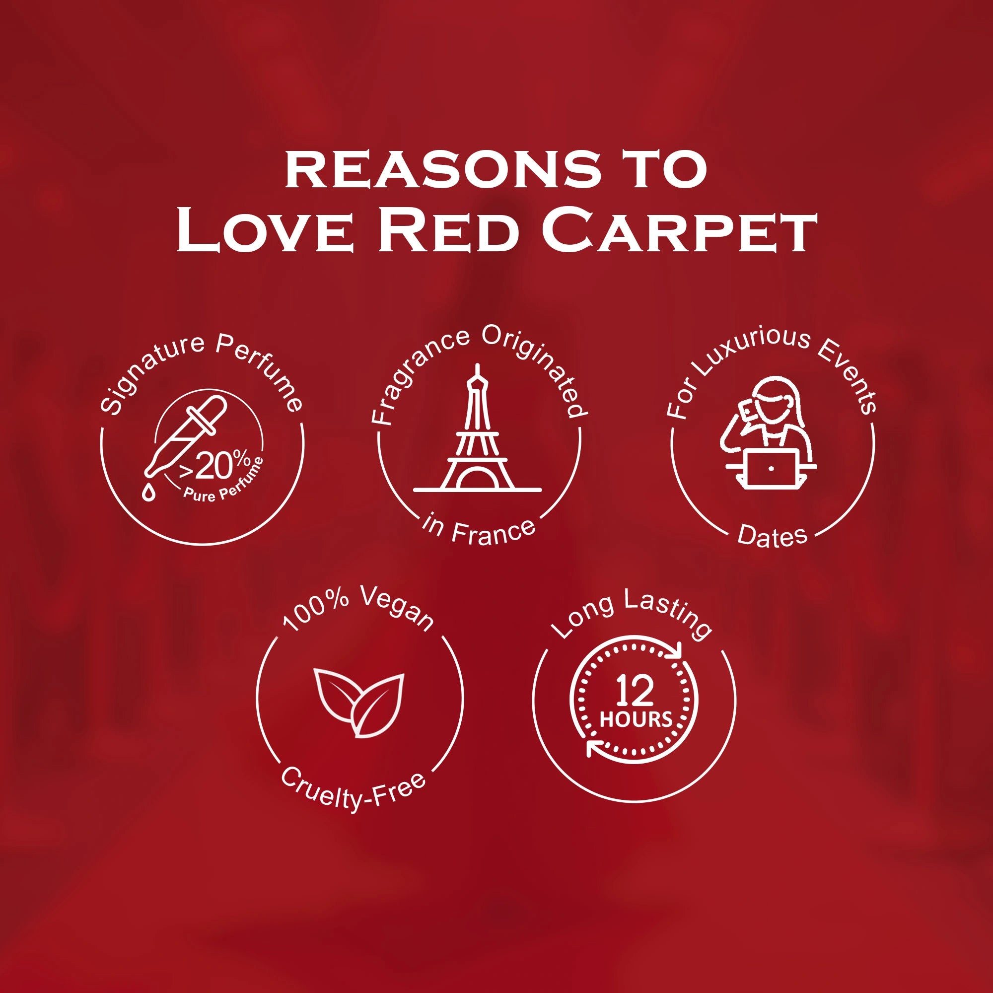 Red carpet-themed promotional graphic with icons and text on a red background