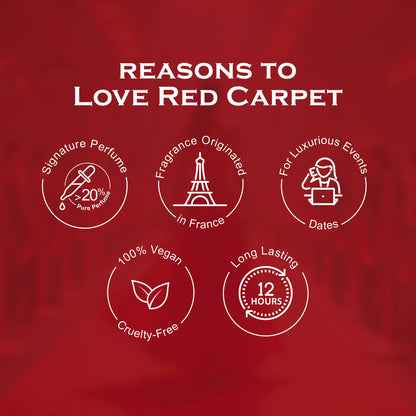 Red carpet-themed promotional graphic with icons and text on a red background