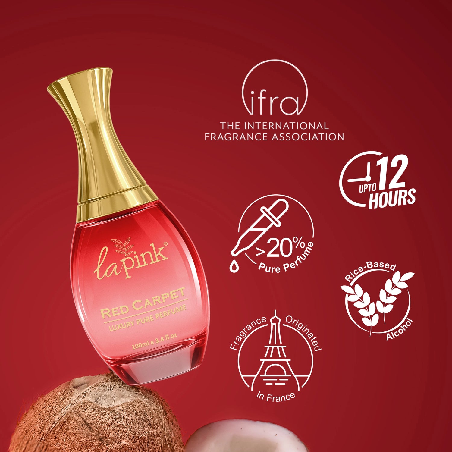 Red perfume bottle with gold cap on a red background, featuring IFRA and other icons.