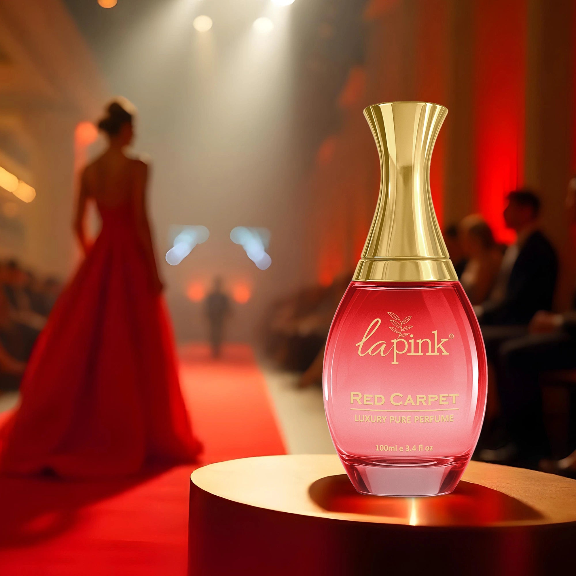 Perfume bottle on a podium with a red carpet event in the background