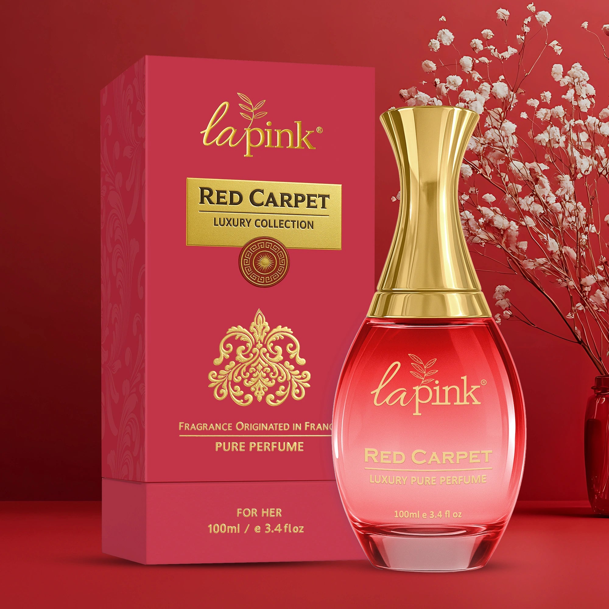 Lapink Red Carpet perfume bottle and packaging on a red background
