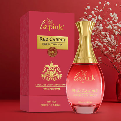 Lapink Red Carpet perfume bottle and packaging on a red background
