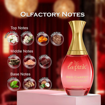 Lapink Red Carpet perfume bottle with olfactory notes on a red background