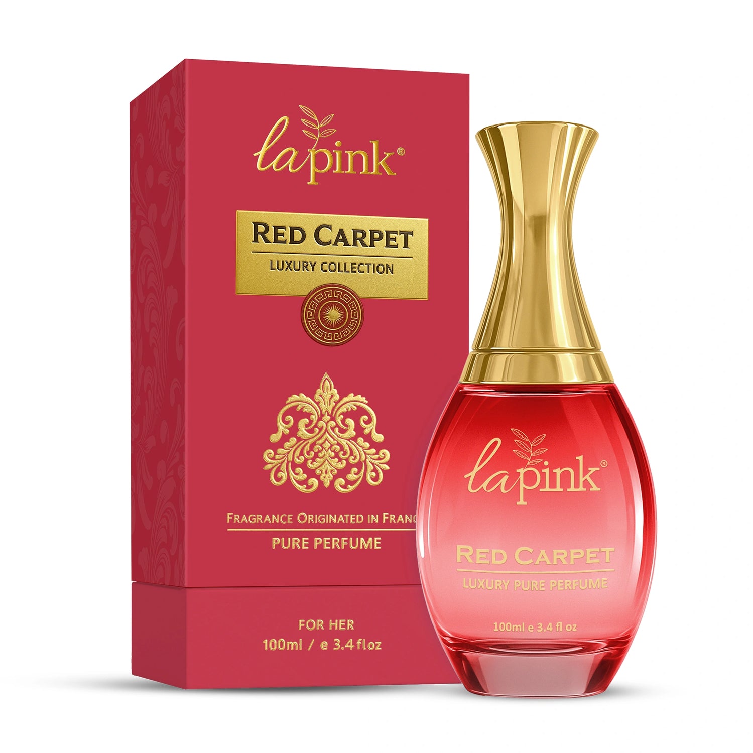 La Pink Red Carpet perfume bottle and packaging on a white background