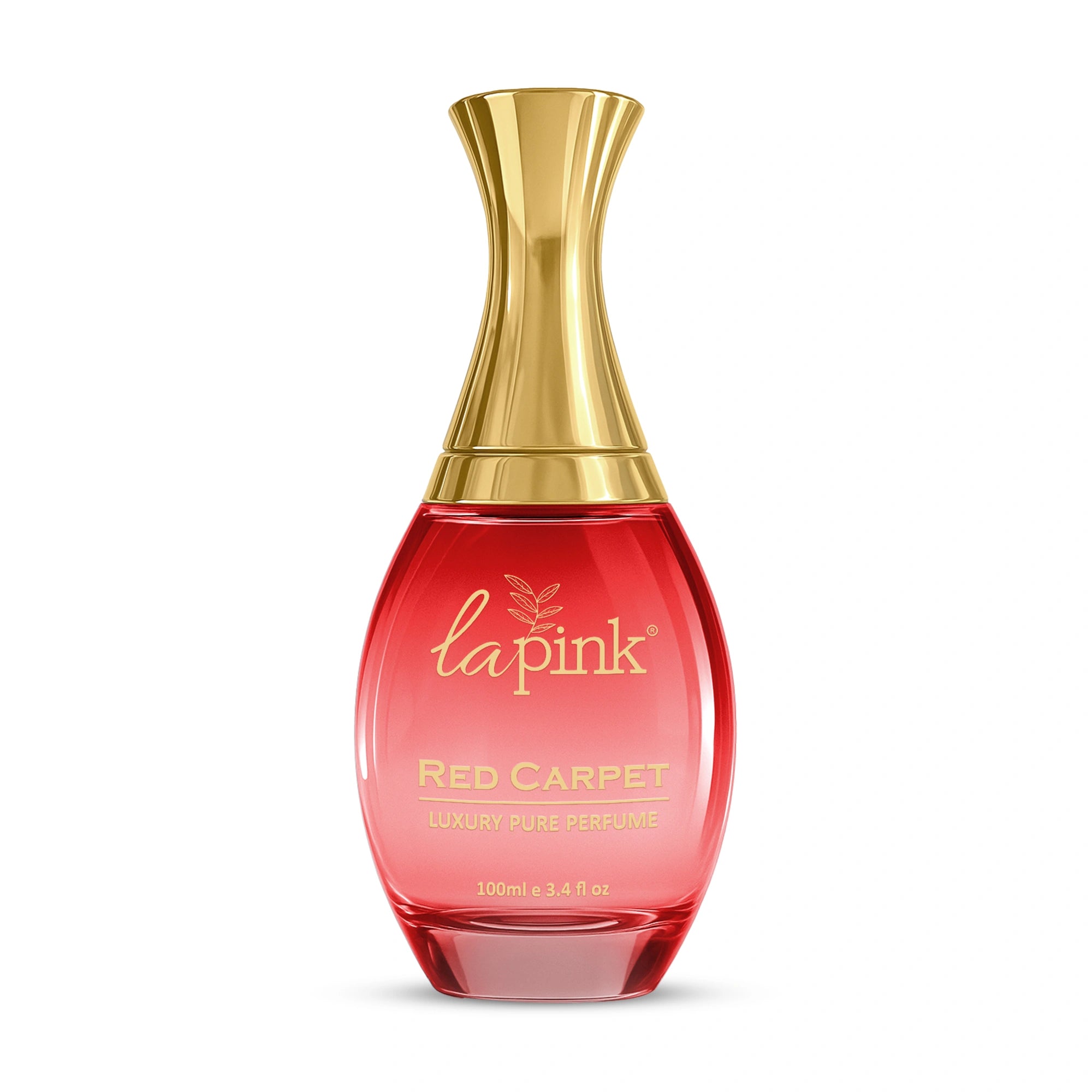 Red perfume bottle with gold cap on a white background
