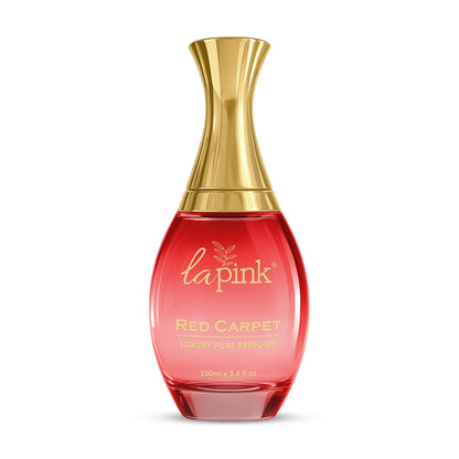 Red perfume bottle with gold cap on a white background