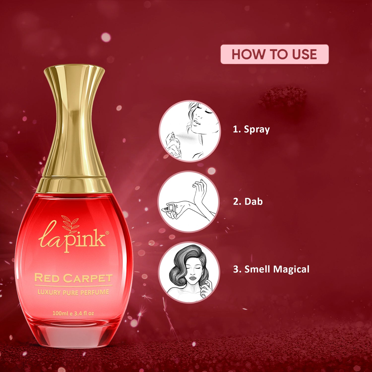 Red perfume bottle with gold cap on a red background, featuring &