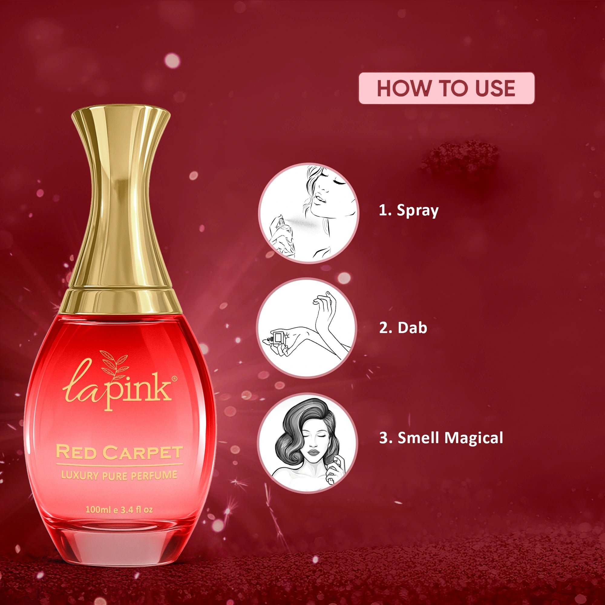 Red perfume bottle with gold cap on a red background, featuring &