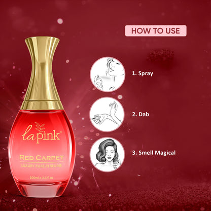 Red perfume bottle with gold cap on a red background, featuring &