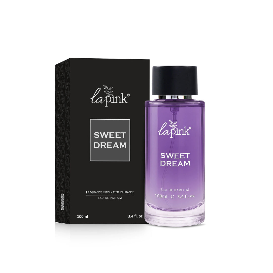 A bottle of La Pink Sweet Dream perfume placed next to its black box packaging, both featuring the product name and the brand logo.