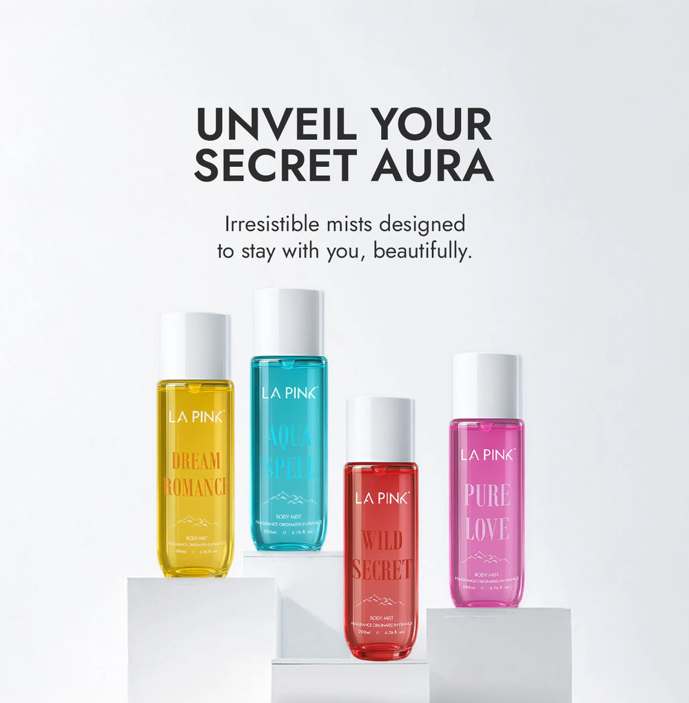Four colorful bottles of 'La Pink' scents on a white background with text about irresistible mists.