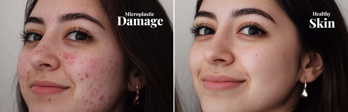 Comparison of a person's face with 'Microplastic Damage' on one side and 'Healthy Skin' on the other, highlighting the effects of microplastics.