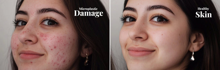 Comparison of a person's face with 'Microplastic Damage' on one side and 'Healthy Skin' on the other, highlighting the effects of microplastics.