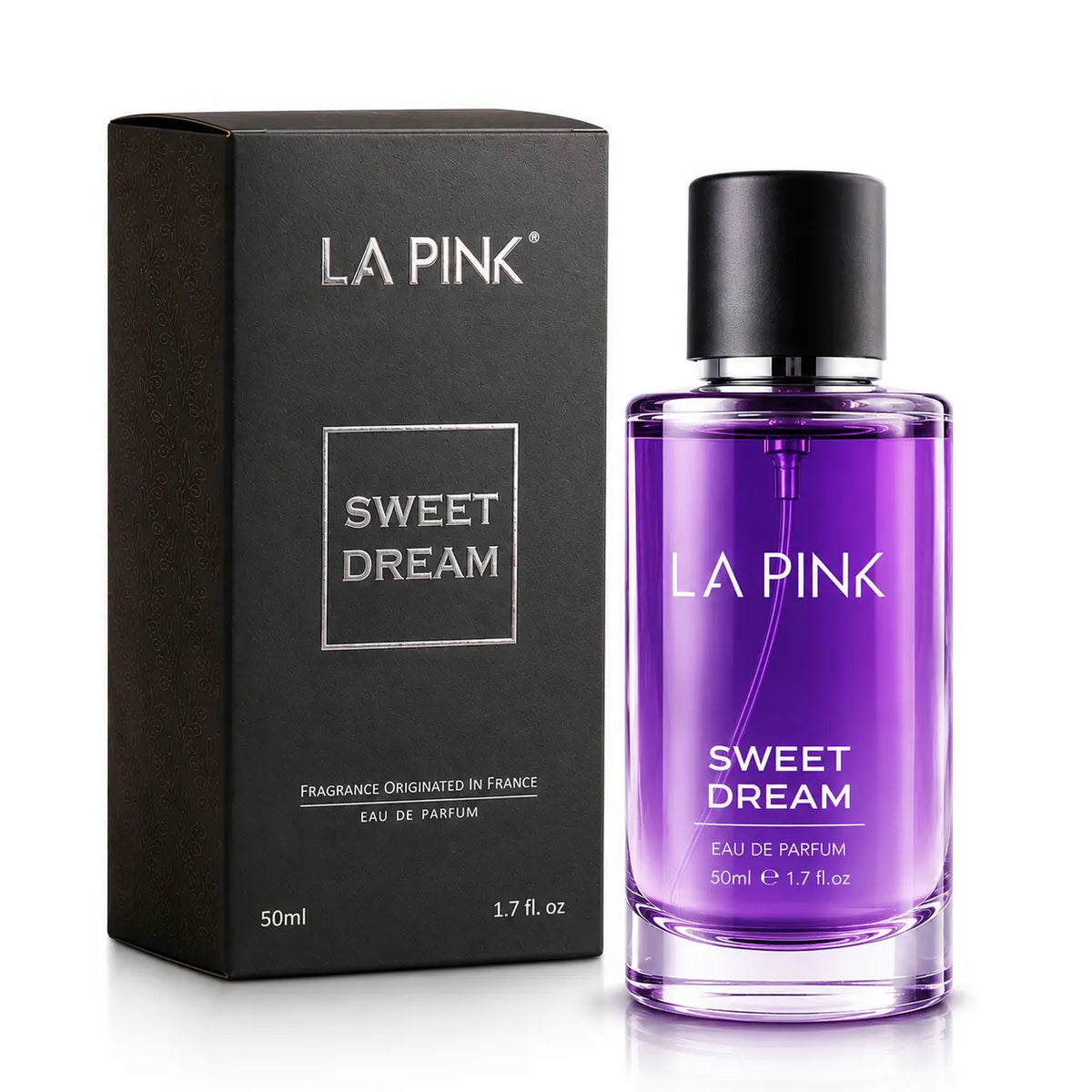 LA PINK Sweet Dream Eau de Parfum 50ml bottle with a purple gradient glass body and black cap, shown next to its black packaging box on a white background.

