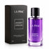 LA PINK Sweet Dream Eau de Parfum 50ml bottle with a purple gradient glass body and black cap, shown next to its black packaging box on a white background.

