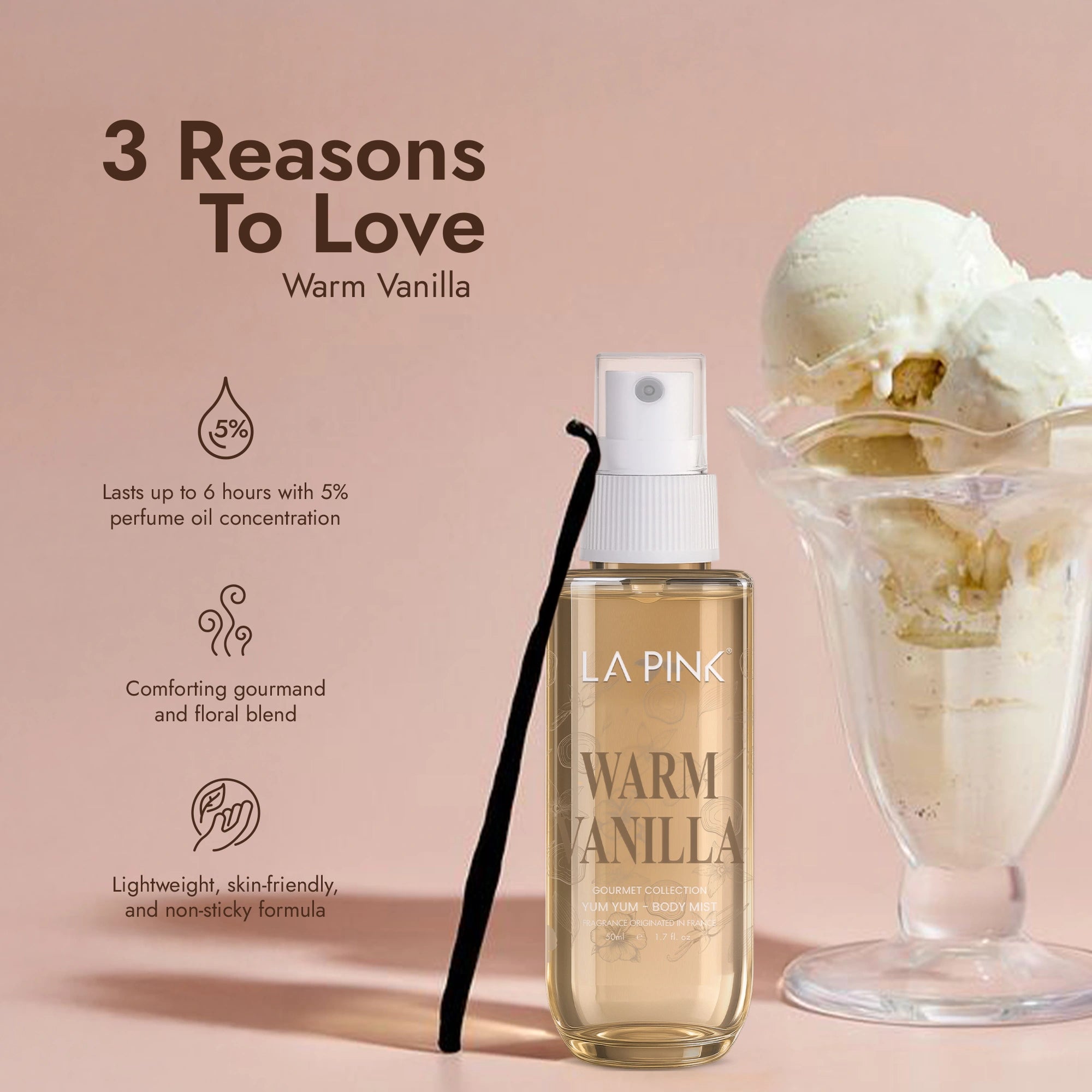 LA Pink Warm Vanilla perfume bottle with vanilla bean and ice cream on a pink background
