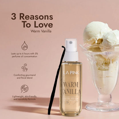 LA Pink Warm Vanilla perfume bottle with vanilla bean and ice cream on a pink background