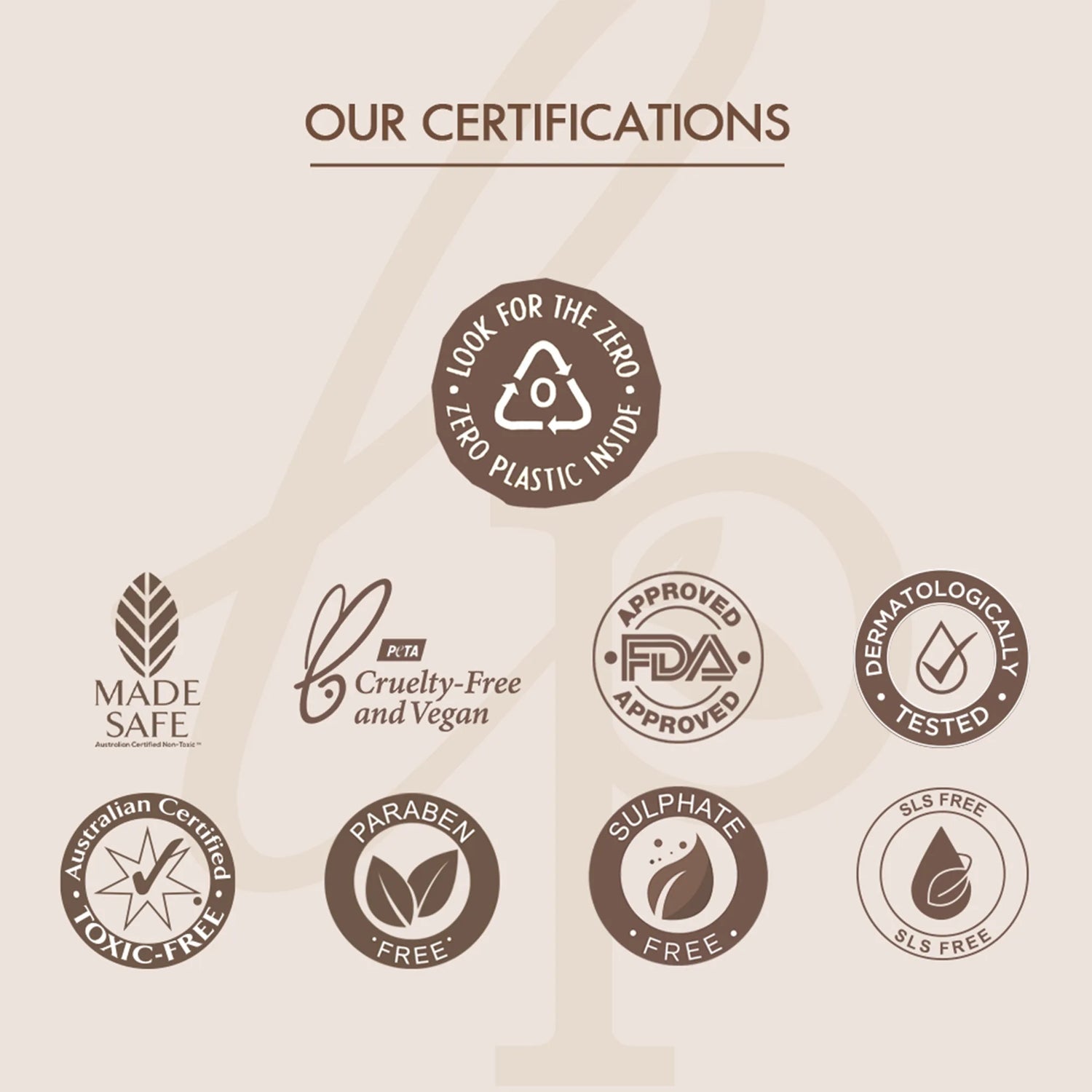 Collection of product certification logos on a beige background