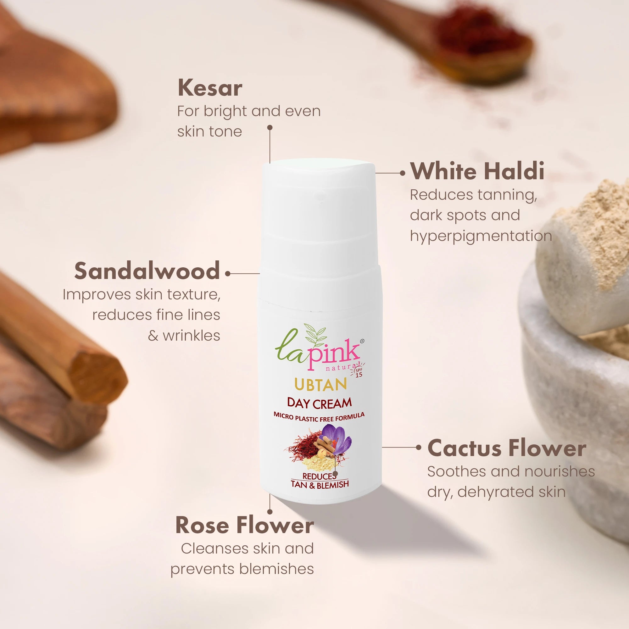 Day cream bottle with ingredients listed on a neutral background