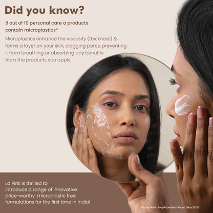 Woman applying cream to her face with text about microplastics in personal care products.