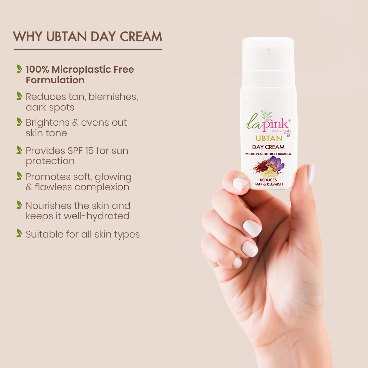 Hand holding a bottle of Ubtan Day Cream with product details on a beige background