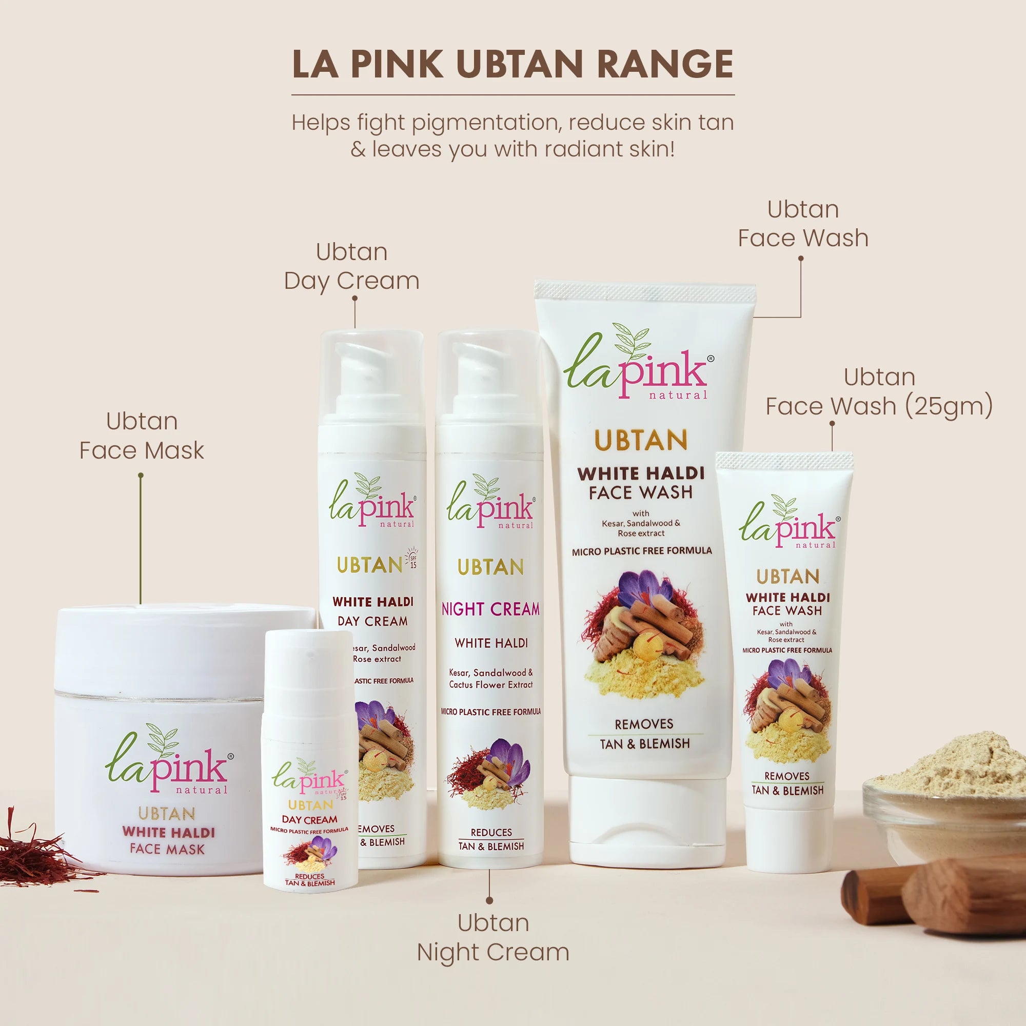 LA Pink Ubtan Range skincare products on a beige background